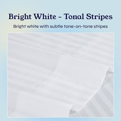 California Design Den King Size Pillowcase Set - 400 Thread Count 100% Cotton Sateen - Soft Striped Bright White, Set of 2