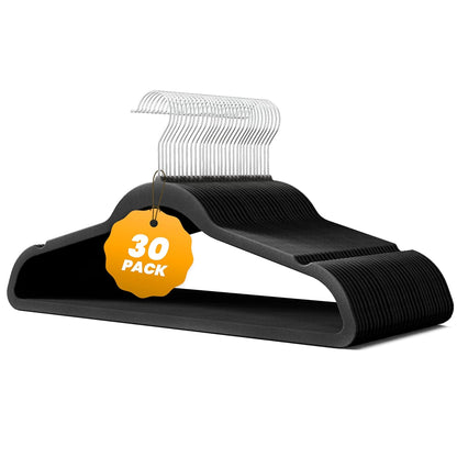 Simple Deluxe Velvet Hangers - 30 Pack Heavy Duty Space-Saving Felt Hangers with 360° Rotatable Hook | Black