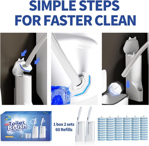 Hohoky Disposable Toilet Brush System - Wall-Mounted Cleaning Kit with 60 Refill Pads & 2 Wands