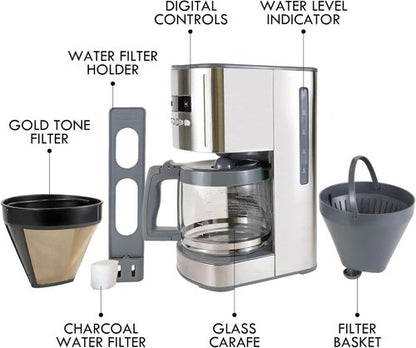 Koolatron Kenmore Elite 12-Cup Drip Coffee Maker - Programmable, Auto Shut-Off, Glass Pot, Reusable Filter