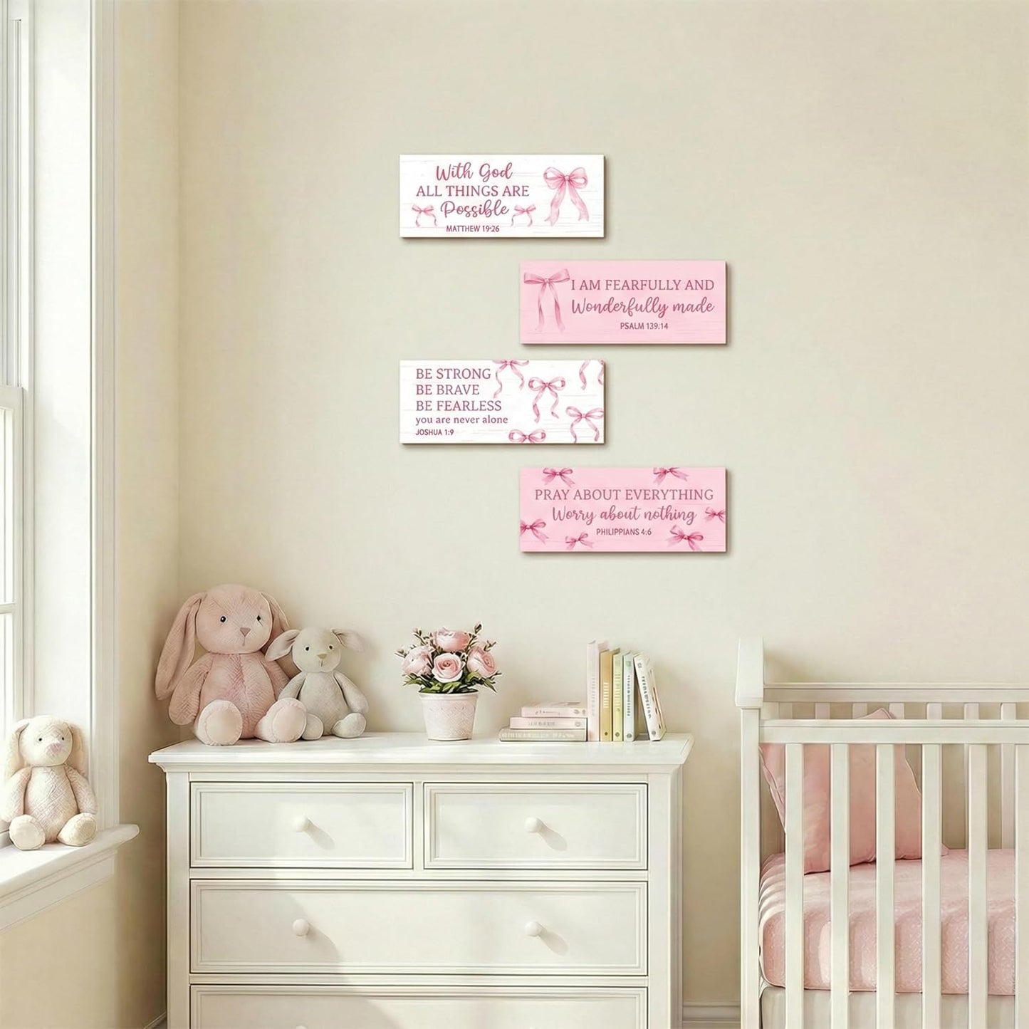 Skiennix 4Pcs Pink Bow Wooden Wall Decor - Cute Christian Art for Teen Girls' Nursery & Bedroom