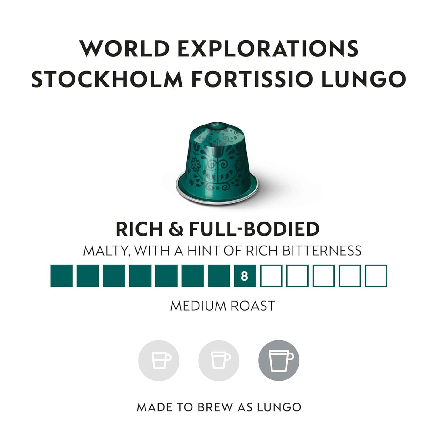 Nespresso Stockholm Fortissio Lungo Capsules - Dark Roast Coffee Pods | 50 Count