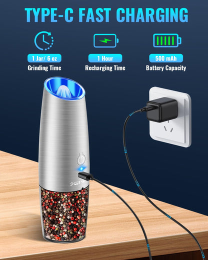 Rechargeable Electric Pepper and Salt Grinder Set, No Battery Needed, whit Gravity Sensing Switch and LED Light, One Hand Automatic Operation, Sliver 2 Pack