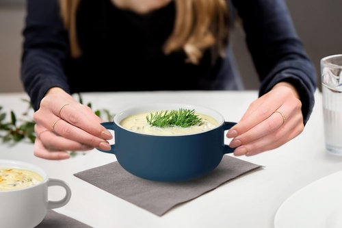 Kook Ceramic Soup Crocks - Oven & Microwave Safe Bowls with Handles - 18 oz, Set of 4 (Navy)