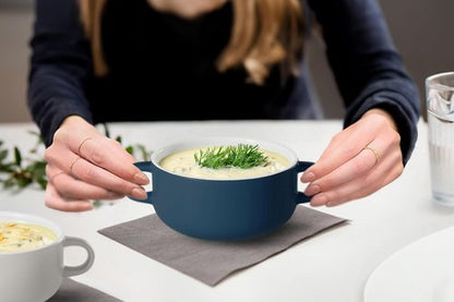 Kook Ceramic Soup Crocks - Oven & Microwave Safe Bowls with Handles - 18 oz, Set of 4 (Navy)