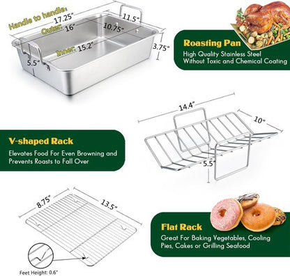E-far Roasting Pan - 16 x 11.5 Inch Stainless Steel Turkey Roaster with V-Shaped Rack | Heavy-Duty & Dishwasher Safe