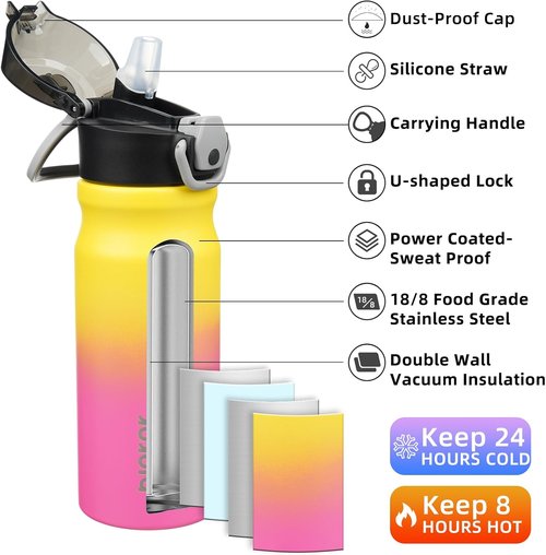 BJPKPK Stainless Steel Insulated Water Bottle - 18oz Reusable Thermal Flask with Straw Lid | Rainbow Finish