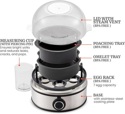 Elite Gourmet Easy Egg Cooker - 7-Egg Capacity for Perfect Soft, Medium, Hard-Boiled & Poached Eggs | Stainless Steel Design