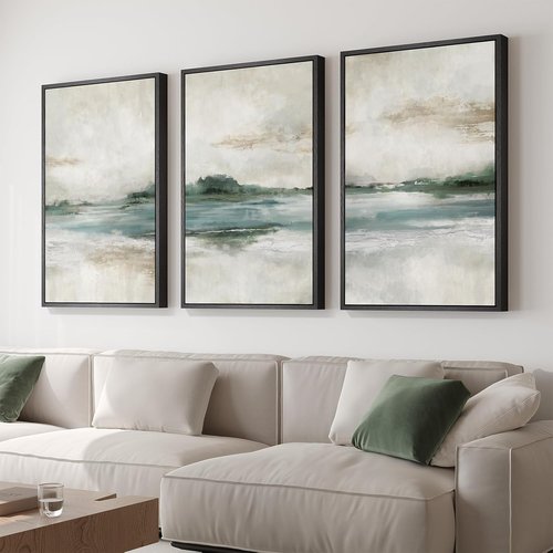 Large Framed Abstract Nature Landscape Wall Art - Set of 3 Modern Canvas Prints | 24x36 Inch Green Lake Decor for Living Room & Office