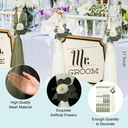 Skiennix 24-Piece Large Wedding Aisle Decorations - 31.5-Inch Hydrangea & Gardenia Flowers with Tulle Tails | Elegant Church Pew Decor for Bridal Showers & Receptions (Green)