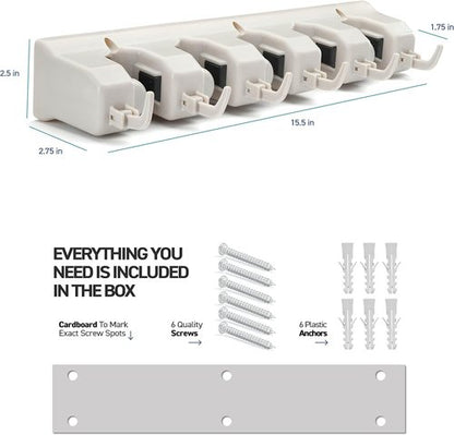 HOME IT Mop And Broom Holder - Wall-Mounted Garage Storage System with 5 Slots & 6 Hooks | Off-White
