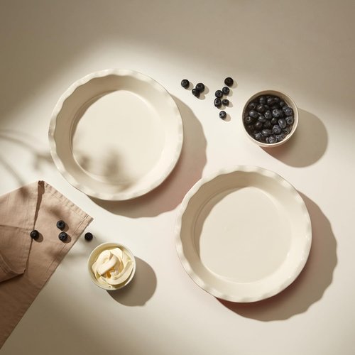 KooK Ceramic Pie Pan - Reusable 9-Inch Round Baking Dish | Deep Wave Edge for Quiches & Tarts - Set of 2, Ivory