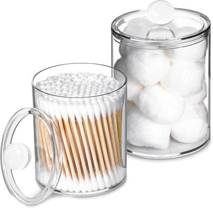 XIPENGKEJI Qtip Holder Set - 2 Pack Apothecary Jars with Lids for Bathroom Organization | Clear 10oz-12oz