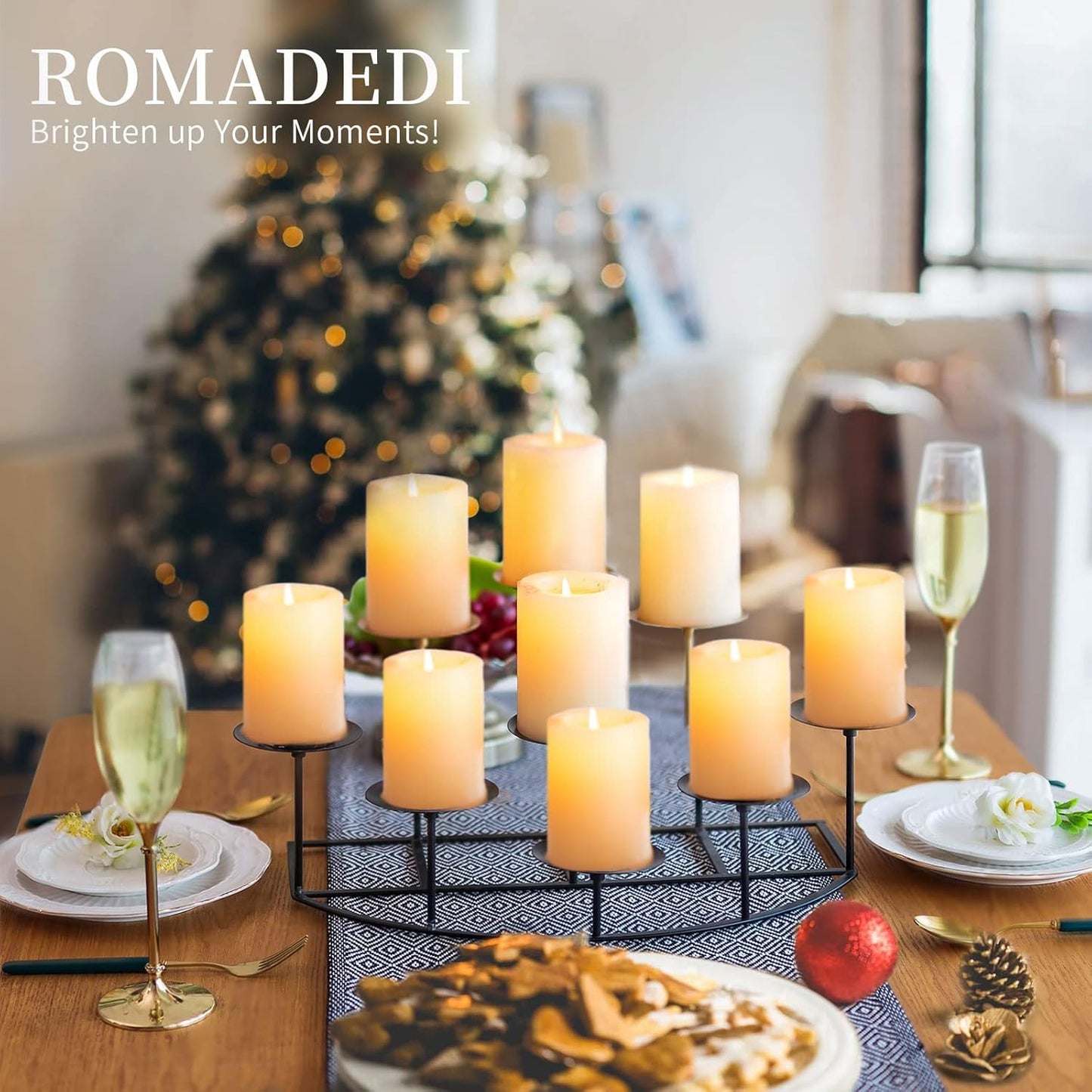 Romadedi Fireplace Candle Holder - Elegant 9-Arm Candelabra for Pillar Candles | Black Iron Centerpiece Decor