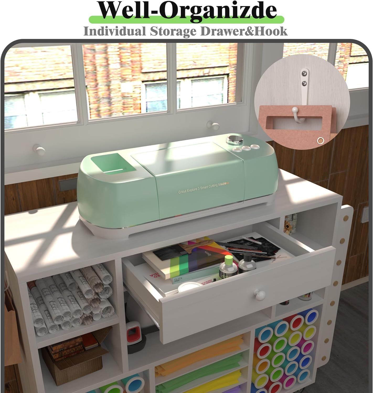 Skiennix Craft Organization Cart - Rolling Storage Solution with Large Drawer & 48 Vinyl Roll Holder | Ideal for Cricut Machines