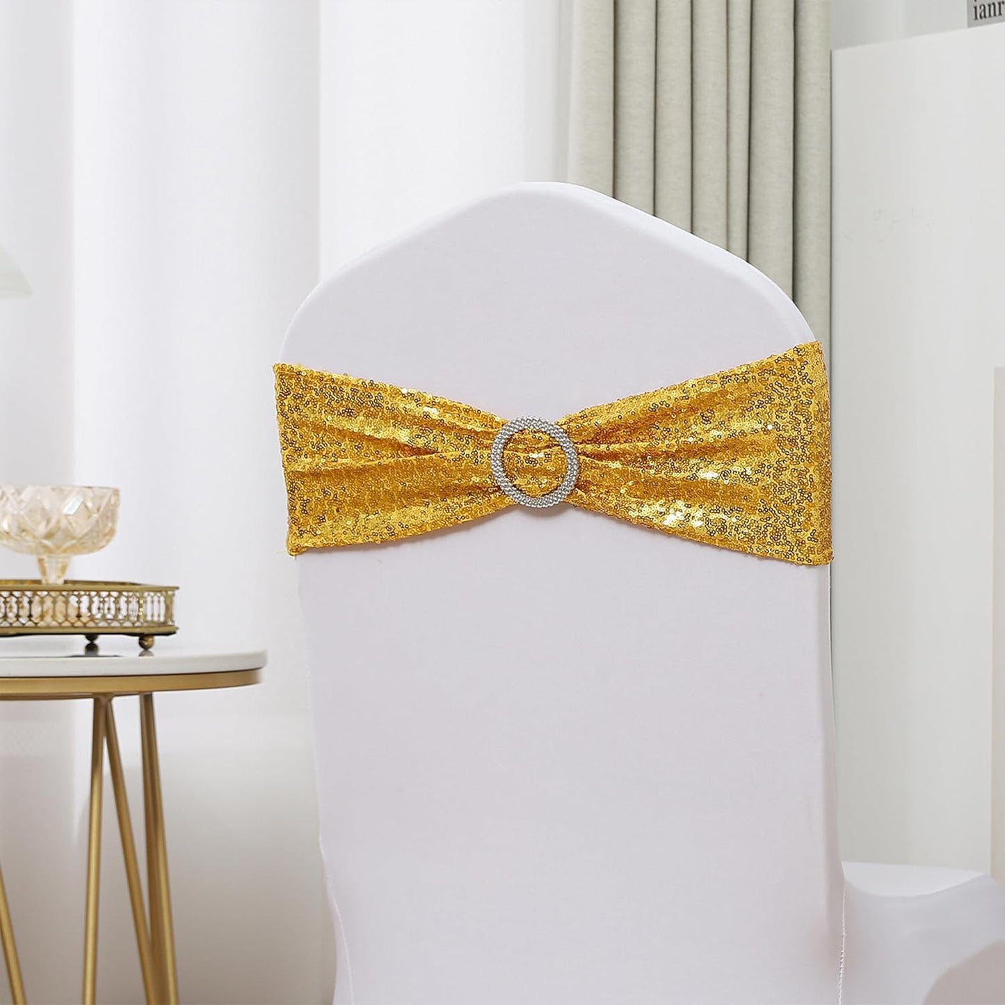 Spandex Sequin Chair Sashes - Pack of 100 Gold Wedding & Party Decor | Perfect for Baby Showers
