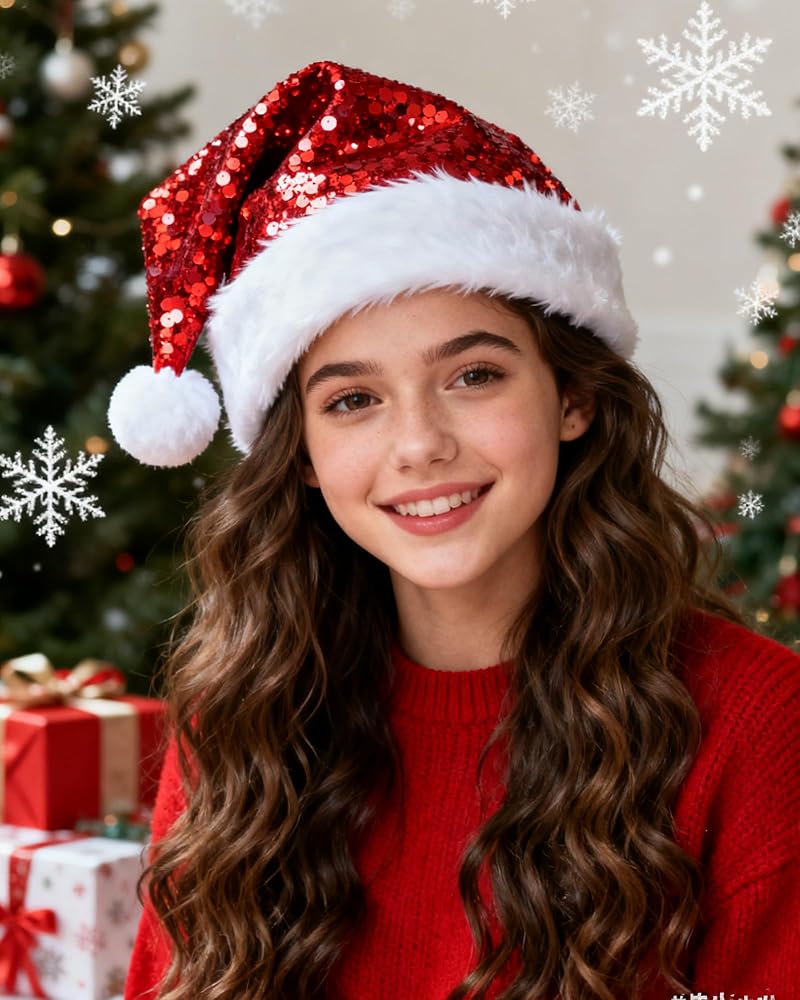Dolkoic Red Sequin Santa Hat for Adults - Plush Christmas Party Hat