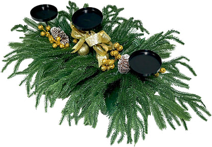 Skiennix Christmas Centerpiece - Elegant Candle Holders with Golden Glitter Bow & Pine Cones | 27.6" Table Decor