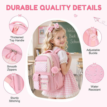 Kids School Backpack for Girls 6-14 Pink Checkerboard Variation: Pink Checkerboard