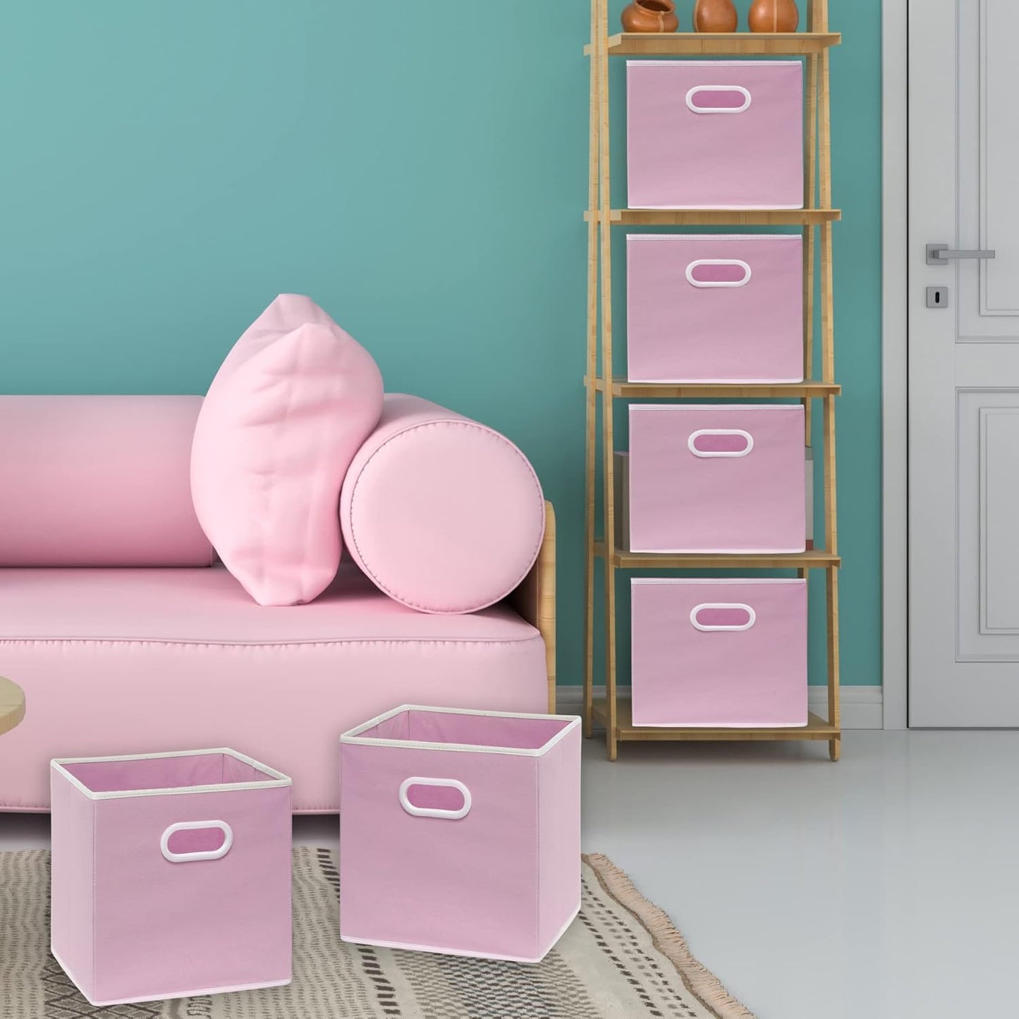 Simple Houseware Foldable Cube Storage Bins - 11-Inch Pink Fabric Organizers with Handles | 6-Pack for Closet & Shelves