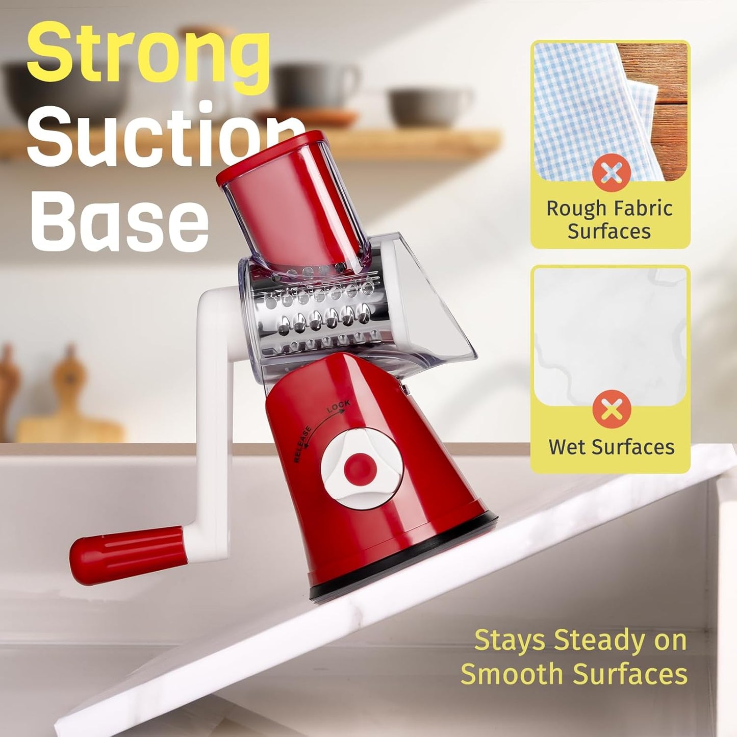 Rotary Cheese Grater - Hand Crank Slicer & Shredder with 3 Blades | Multi-Functional Kitchen Tool in Red