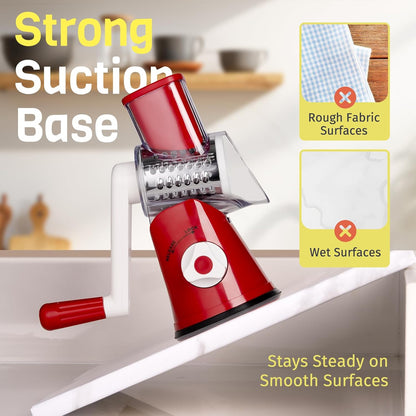 Rotary Cheese Grater - Hand Crank Slicer & Shredder with 3 Blades | Multi-Functional Kitchen Tool in Red
