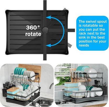 7 Code Large Dish Drying Rack - Detachable 2-Tier Kitchen Organizer with Utensil Holder | Black