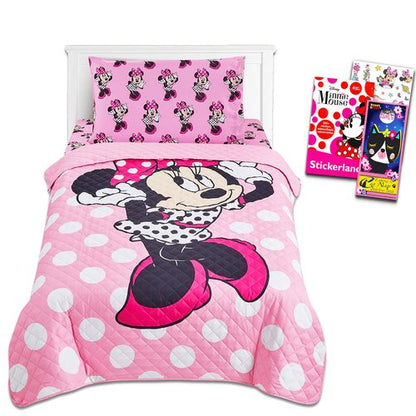 Disney Minnie Mouse Twin Bedding Set - Bundle with Bedspread, Flat Sheet, Fitted Sheet, and Pillowcase, Stickers, More Bedroom Decor Set