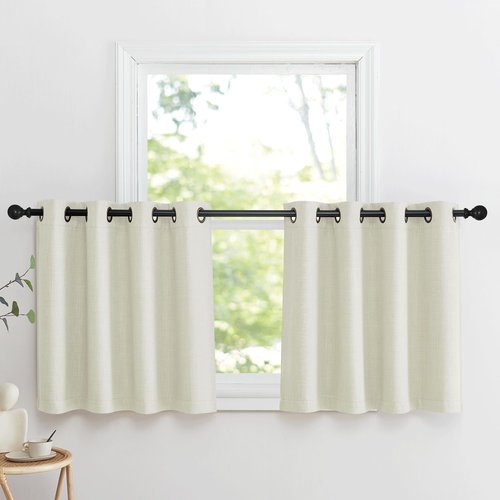 NICETOWN Natural Linen Room Darkening Curtain Valances for, Grommet Faux Linen Blend Short Curtains Thermal Insulated Window Tiers for Kitchen Over Sink, W52 x L30, Set of 2