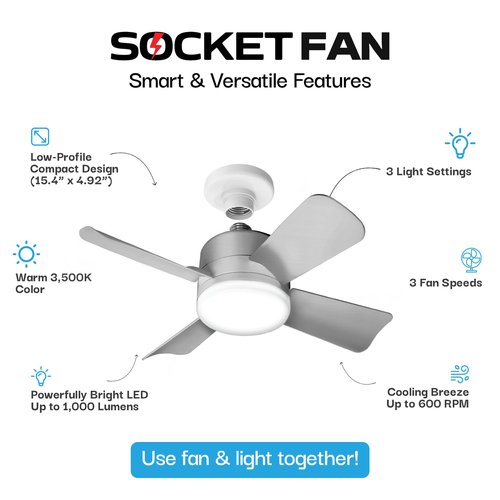 Bell+Howell Socket Fan Light Original – Warm Light Ceiling Fans with Lights and Remote, Ceiling Fan with Replacement for Light Bulb/Ceiling Fan for Bedroom, Kitchen, Living Room, 1000 Lumens - Silver