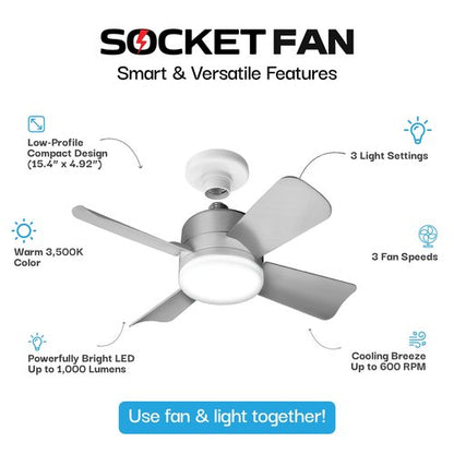 Bell+Howell Socket Fan Light Original – Warm Light Ceiling Fans with Lights and Remote, Ceiling Fan with Replacement for Light Bulb/Ceiling Fan for Bedroom, Kitchen, Living Room, 1000 Lumens - Silver