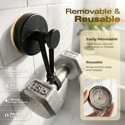 Upgraded Suction Cup Hooks for Shower, Heavy Duty Removable Towel Hooks for Bathroom Glass Door Wall, Stainless Steel Shower Hooks for Towel & Loofah (2 Pack, Black)