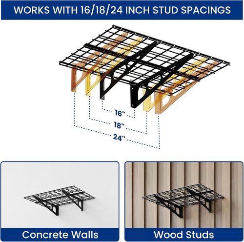 FLEXIMOUNTS Heavy-Duty Wall-Mounted Garage Shelving | 2x3ft Storage Rack Holds Up to 200 lbs - Black Classic Series