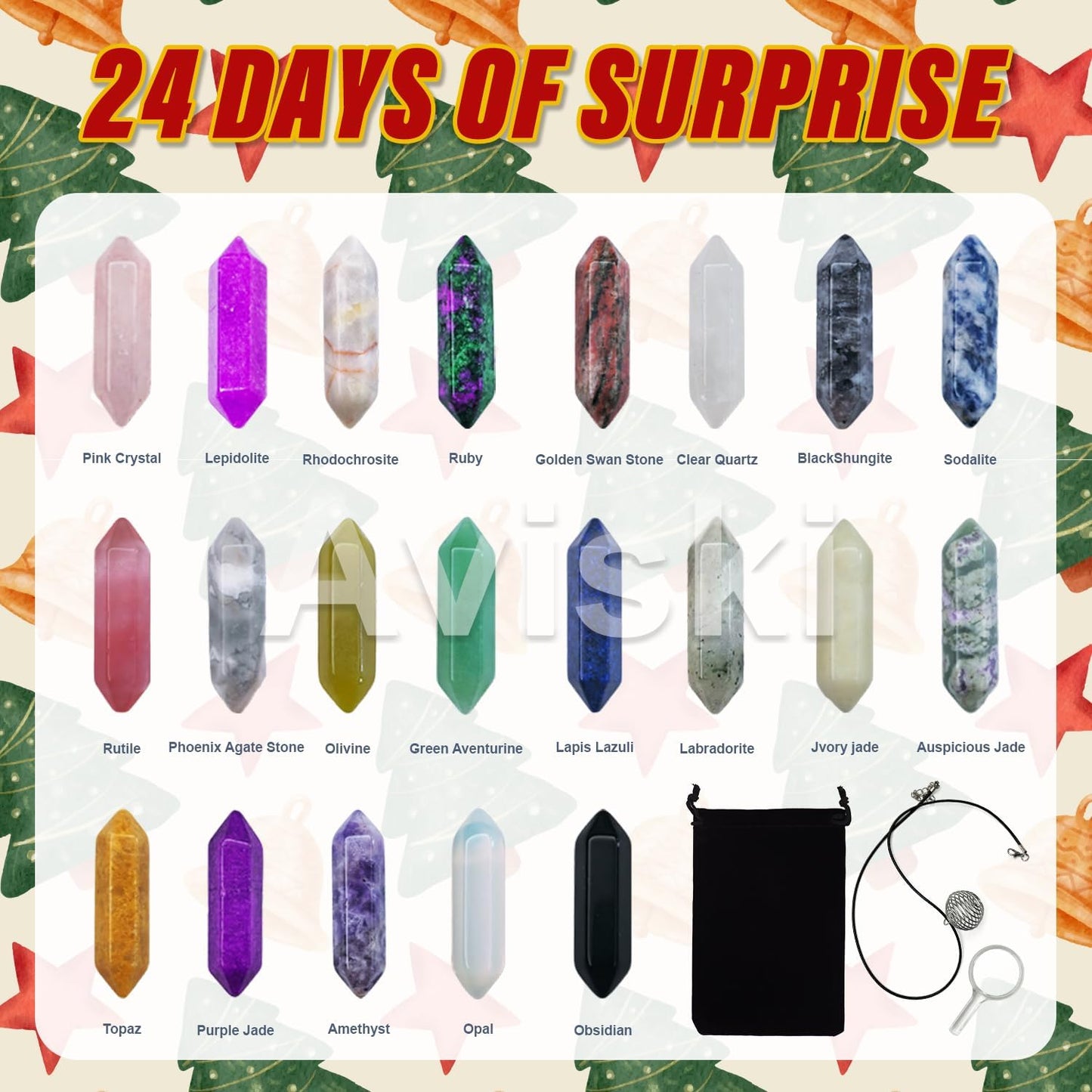 Christmas Crystal Advent Calendar 2025 | Healing Stones Kit with Necklace Holder & Magnifier - 24 Boxes for Kids & Adults