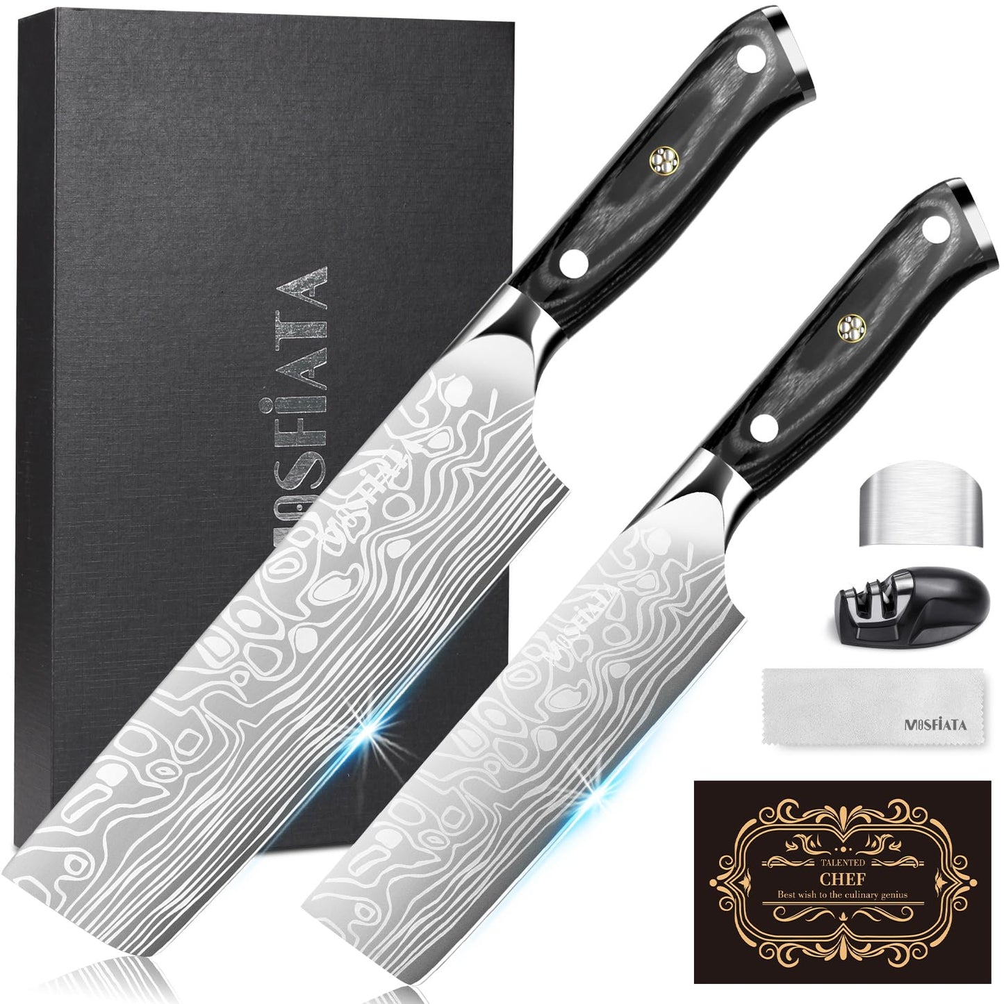 MOSFiATA Nakiri Kitchen Knife, 7”&5.5" Chef Knife Set, Ultra Sharp German Stainless Steel Cleaver Cooking Knife with Ergonomic Handle Gift Box