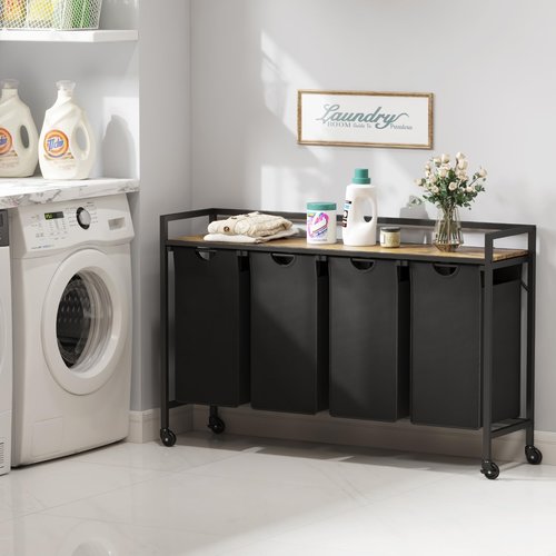 Lifewit Laundry Hamper 4 Section, 168L Pull out Laundry Clothes Basket Organizer with Large Top Shelf and 4 Removable Bags and Handles for Laundry Room Bedroom Bathroom, Black with Wheels