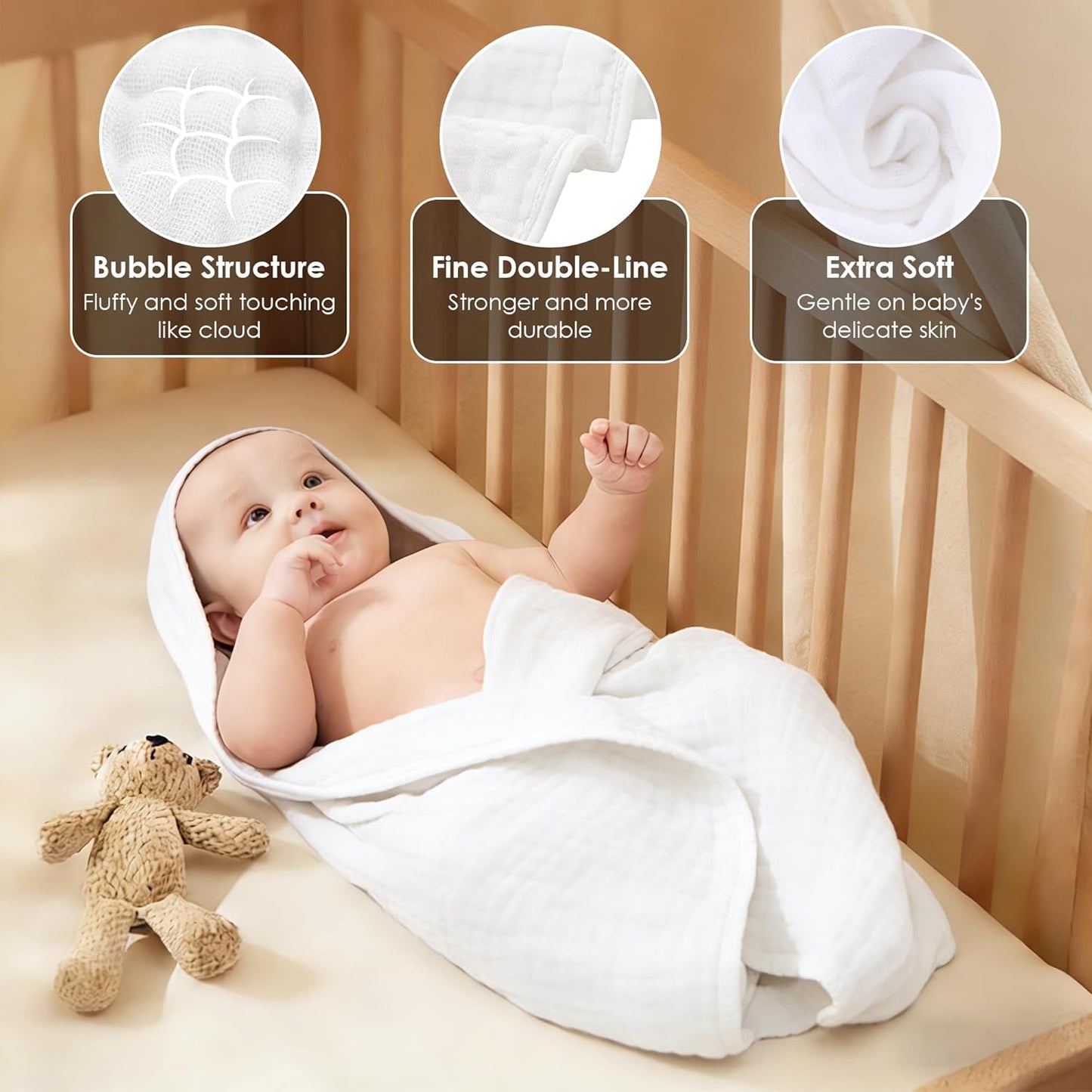 Sunny zzzZZ Muslin Hooded Baby Bath Towels - 3 Pack of Soft 100% Cotton in Pastel Colors | 32x32 Inch
