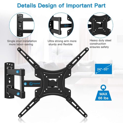 Full Motion TV Wall Mount Bracket Articulating Arms Swivels Tilts Extension for Most 24-55 Inch LED LCD Flat Curved Screen TVs, Max VESA 400x400mm up to 66lbs by Pipishell