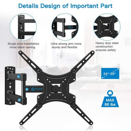 Full Motion TV Wall Mount Bracket Articulating Arms Swivels Tilts Extension for Most 24-55 Inch LED LCD Flat Curved Screen TVs, Max VESA 400x400mm up to 66lbs by Pipishell