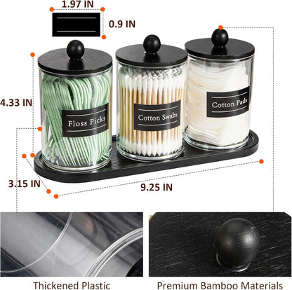 Skiennix Acrylic Qtip Holder Set - 3 Pack 10 oz Clear Canisters with Tray Labels for Bathroom Decor & Storage