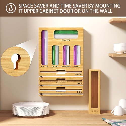 Bamboo 9-in-1 Foil & Plastic Wrap Organizer - Kitchen Drawer Storage with Labels for Bags