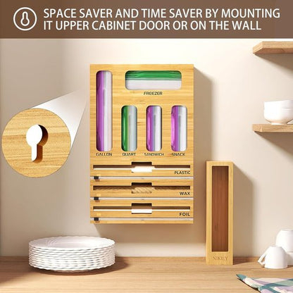 Bamboo 9-in-1 Foil & Plastic Wrap Organizer - Kitchen Drawer Storage with Labels for Bags