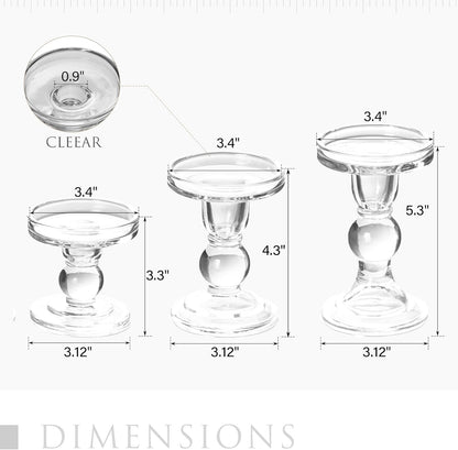 Skiennix Clear Candle Holders - Elegant Glass Pillar Set for Taper Candles | 3 Pieces