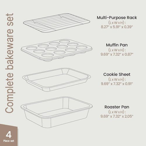 Bakken Nonstick Carbon Steel Bakeware Set - 4-Piece Space-Saving & Dishwasher Safe | White Marble, Oven Safe Up To 450°F