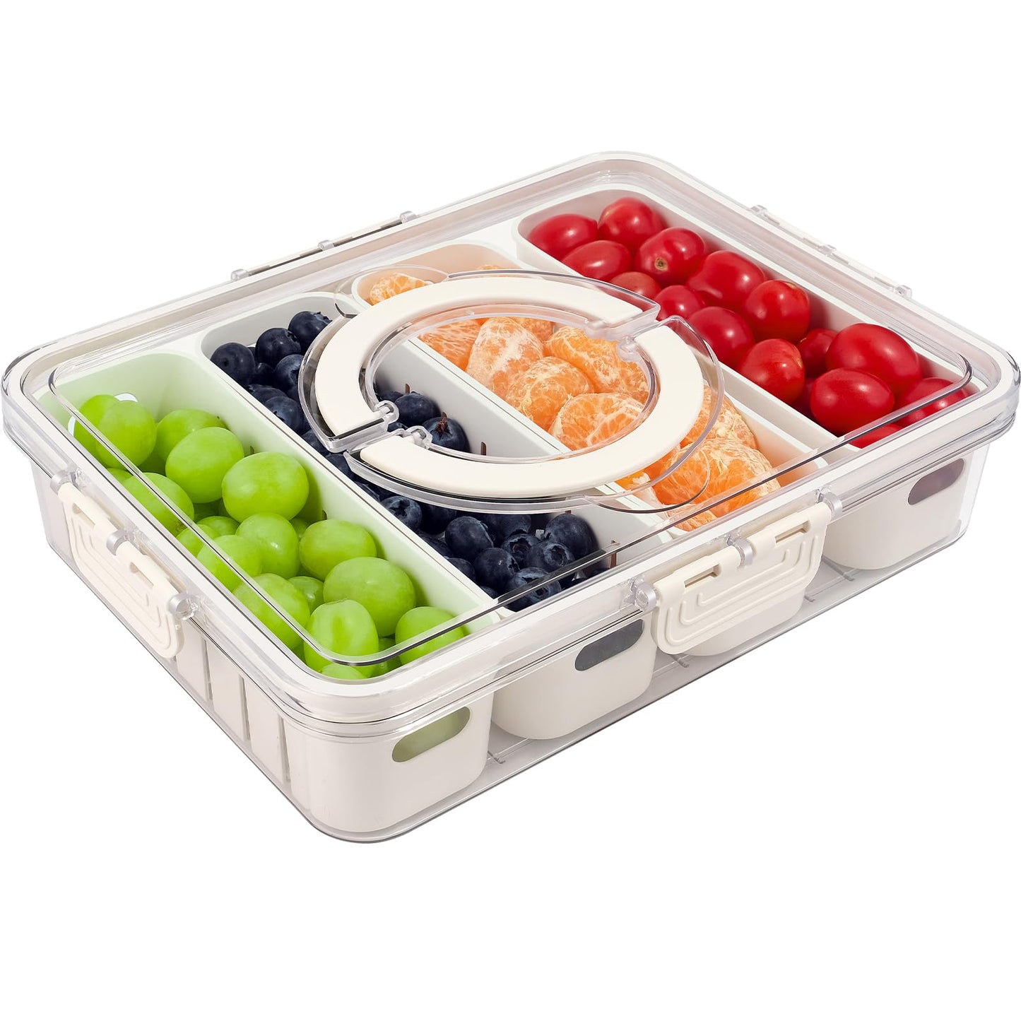 TAROSE Divided Serving Tray with Lid and Handle, Portable Snack Containers Snackle Box Snack Tray with Lid, Veggie Tray Charcuterie Boxes Fruit Tray Candy Organizer (4 Compartments)