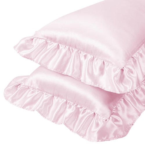 Entisn Ruffle Satin Toddler Pillowcase Set of 2, 13 x 18 Inch Toddler Silky Pillow Covers with Envelope Closure, Anti Wrinkle Soft Travel Pillow Case Nursery Pillow Sham for Girls, Boys (Baby Pink)
