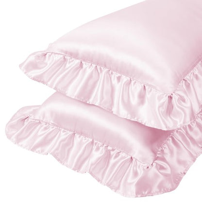 Entisn Ruffle Satin Toddler Pillowcase Set of 2, 13 x 18 Inch Toddler Silky Pillow Covers with Envelope Closure, Anti Wrinkle Soft Travel Pillow Case Nursery Pillow Sham for Girls, Boys (Baby Pink)