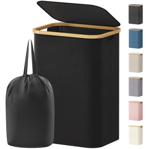 Lifewit 80L Laundry Basket with Lid, Clothes Hampers for Laundry with Bamboo Handles and 1 Removable Bag, Large Foldable Laundry Hamper for Bedroom, Bathroom, Dorm, Laundry Room, Black