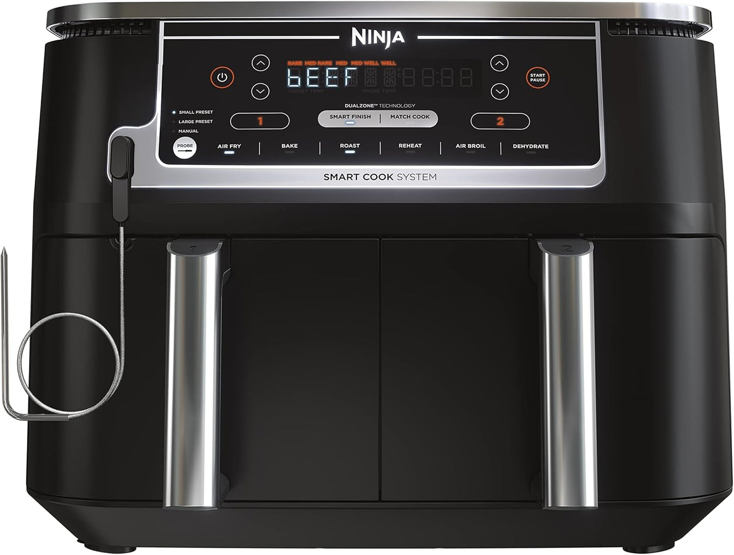 Ninja DZ550 Foodi 10 QT XL Air Fryer - 6-in-1 DualZone with Smart Cook Thermometer & 2 Baskets, Grey