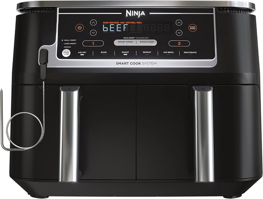 Ninja DZ550 Foodi 10 QT XL Air Fryer - 6-in-1 DualZone with Smart Cook Thermometer & 2 Baskets, Grey